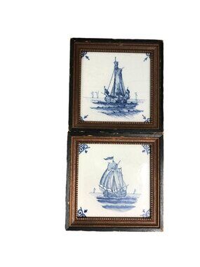 Vintage Dutch Ship Tile Wall Hanging Blue & White 6 X 6 Set of 2
